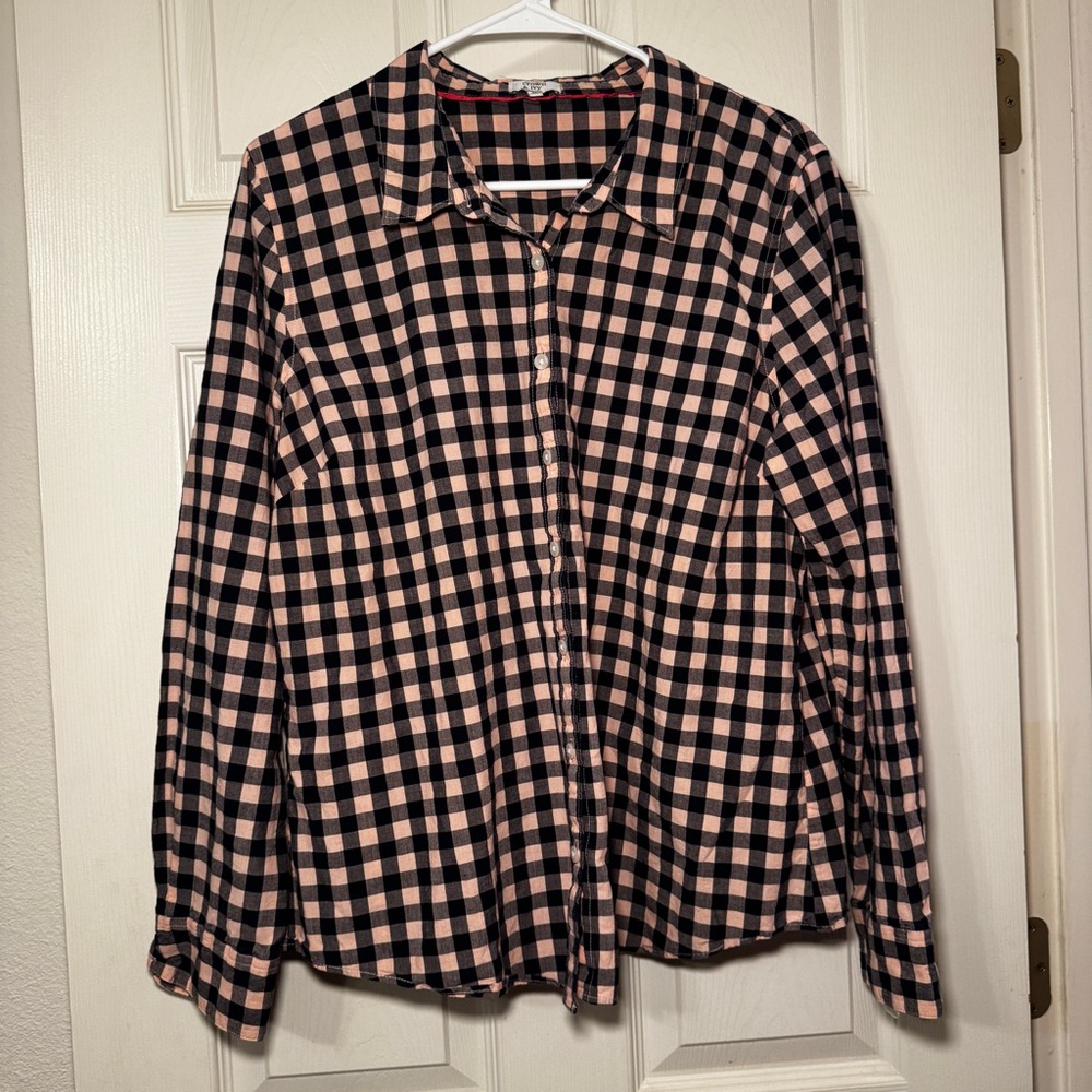 crown & ivy Women’s Navy and Peach Checkered Button Down Size XL